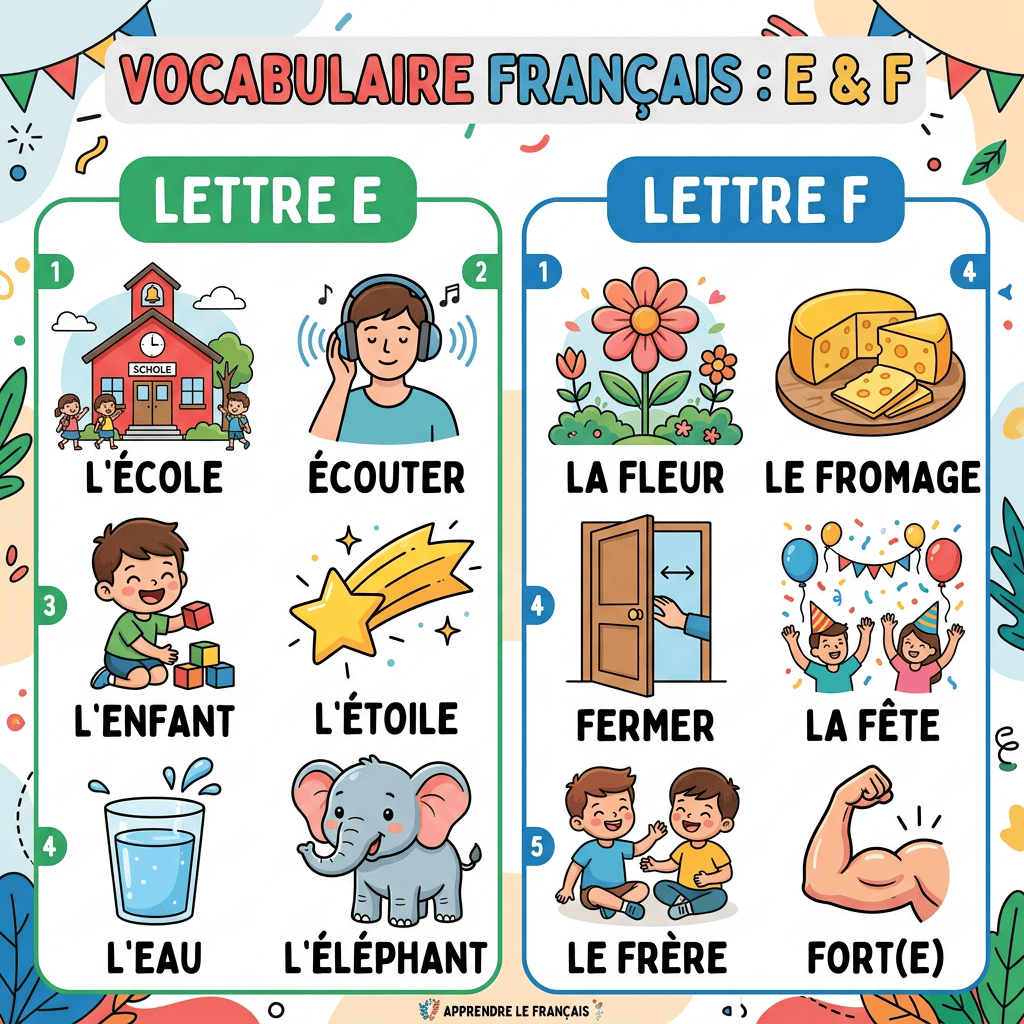 French vocabulary E and F; école, écouter, enfant, étoile, eau, éléphant, fleur, fromage, fermer, fête, frère, fort(e).