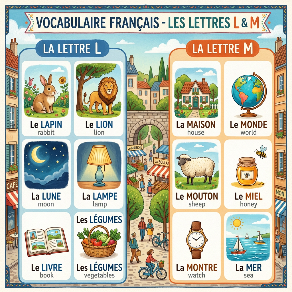 French vocabulary chart for letters L and M with labeled pictures and English translations