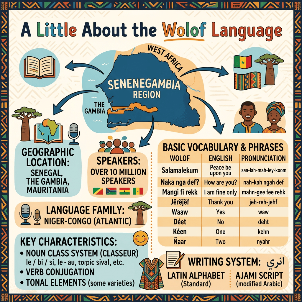 Infographic titled “A Little About the Wolof Language” with maps, vocabulary, and language facts