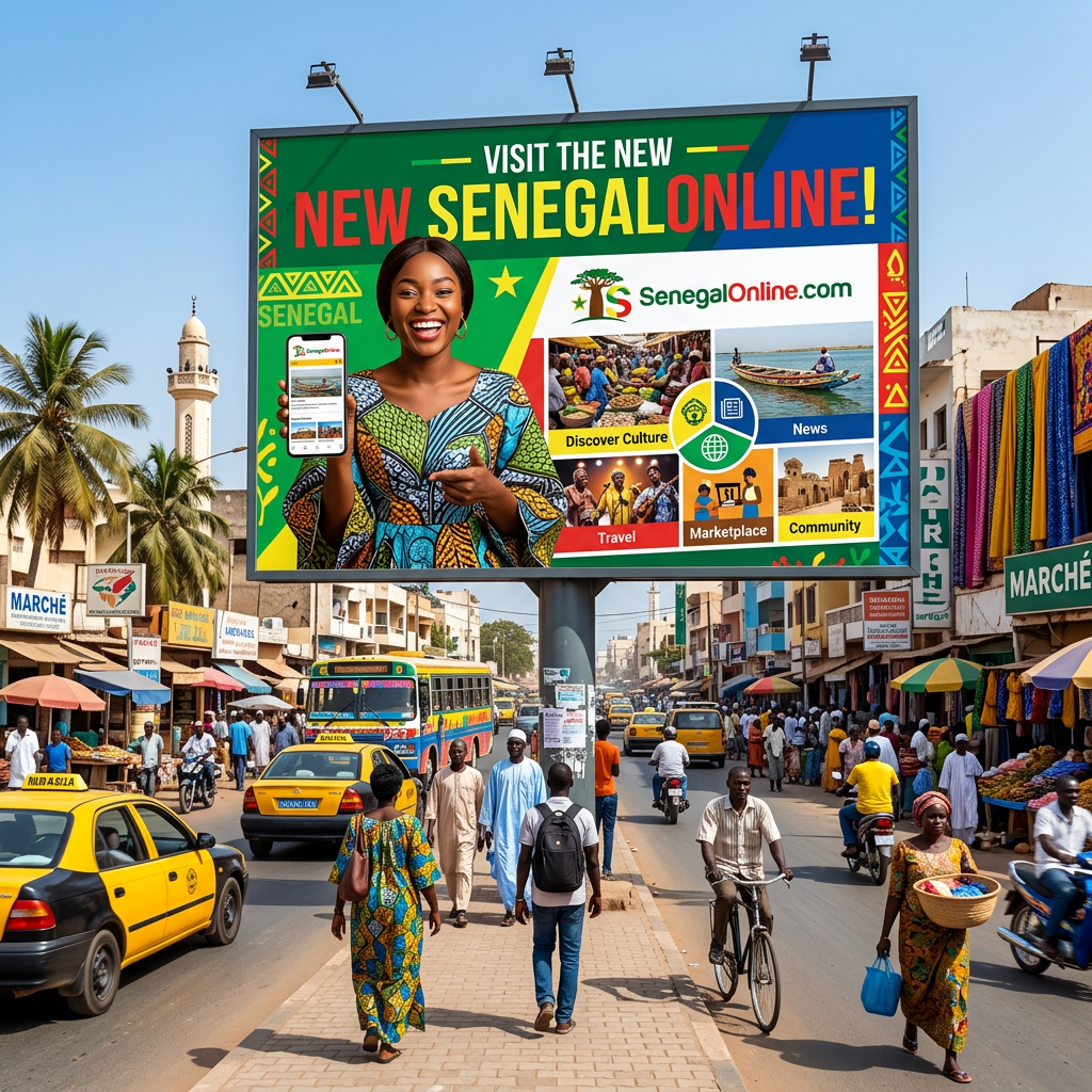 Billboard reads “VISIT THE NEW NEW SENEGAL ONLINE!” and “SenegalOnline.com” above a busy Senegal market street