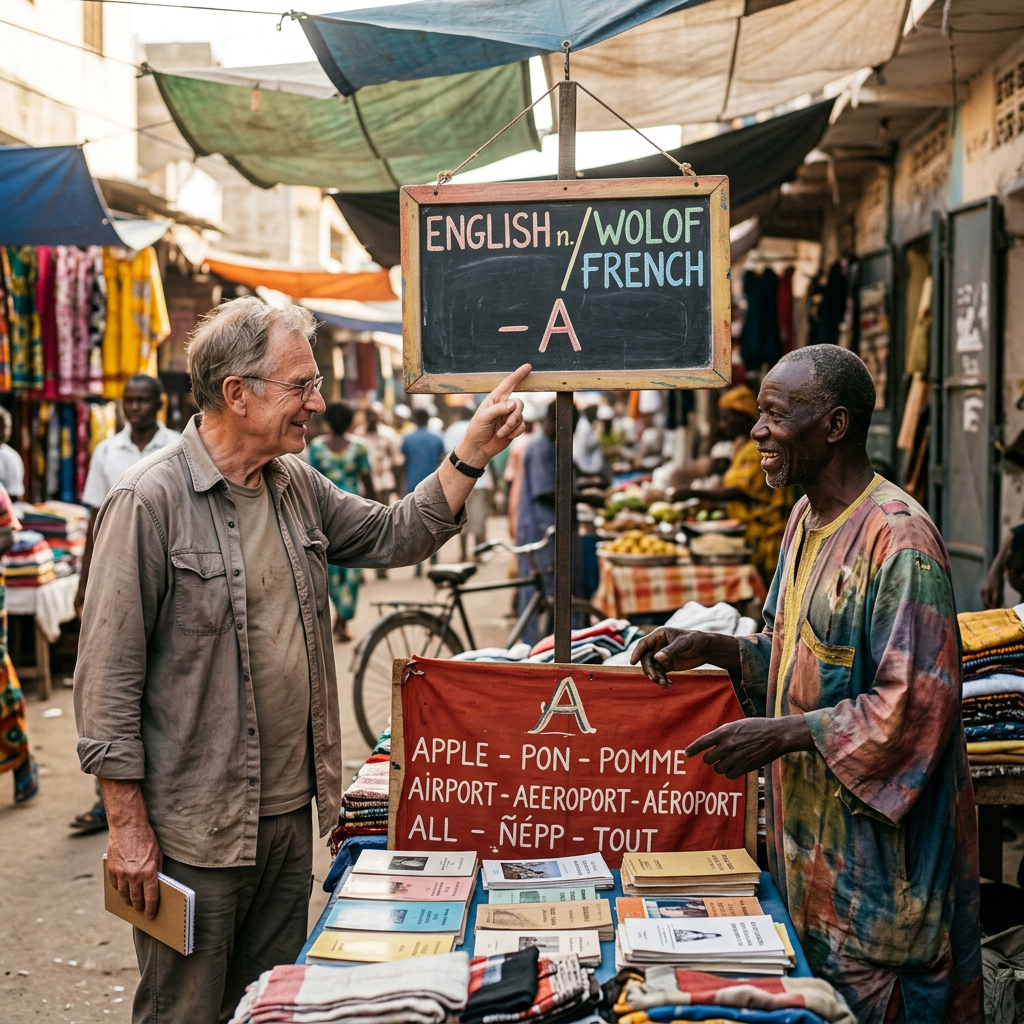 Two men teach English, Wolof, and French beside signs reading “APPLE,” “AIRPORT,” and “ALL.”