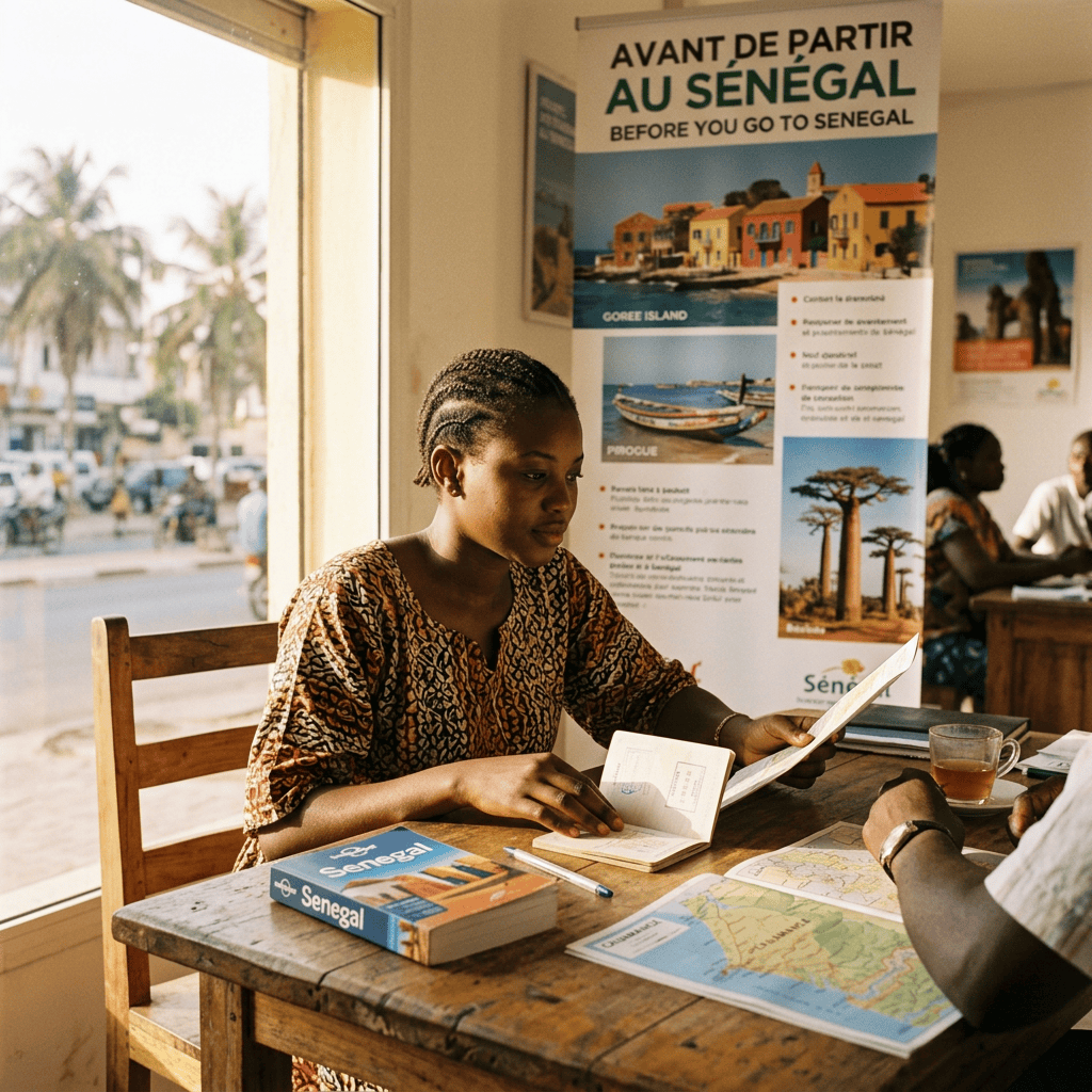 Traveler reviewing Senegal maps and guides beside poster reading “AVANT DE PARTIR AU SÉNÉGAL” and “BEFORE YOU GO TO SENEGAL”