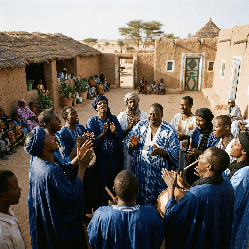Musicians performing with drums in a Sahelian village courtyard