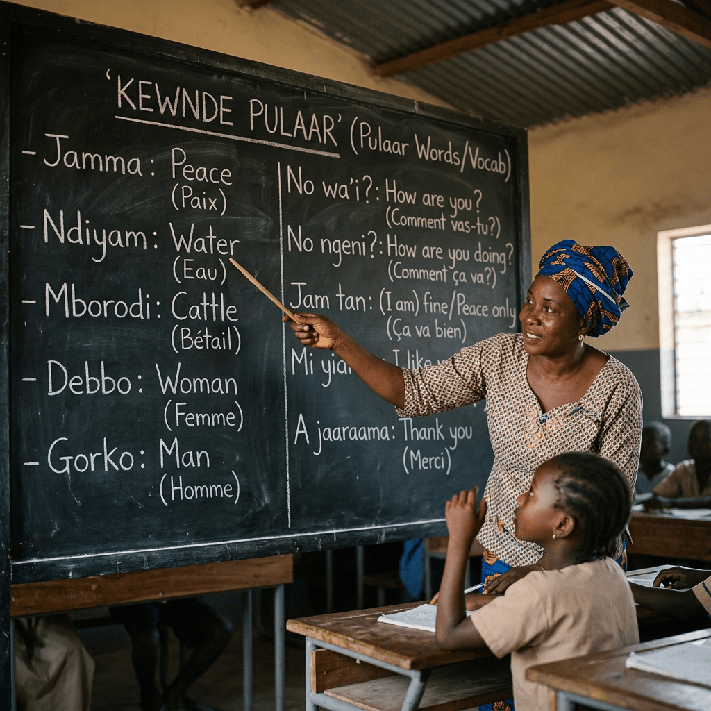 Teacher points to chalkboard reading “KEWNDE PULAAR” with Pulaar vocabulary and translations.