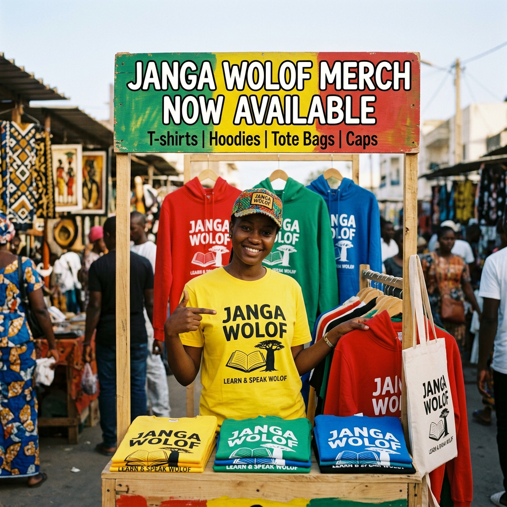 JANGA WOLOF MERCH NOW AVAILABLE; T-shirts, Hoodies, Tote Bags, Caps; vendor displays Janga Wolof clothing