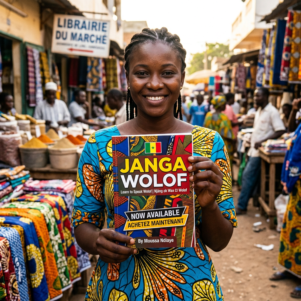 Woman holding book labeled “JANGA WOLOF,” “Learn to Speak Wolof,” “NOW AVAILABLE,” “ACHETEZ MAINTENANT,” by Moussa Ndiaye; market sign reads “LIBRAIRIE DU MARCHE.”