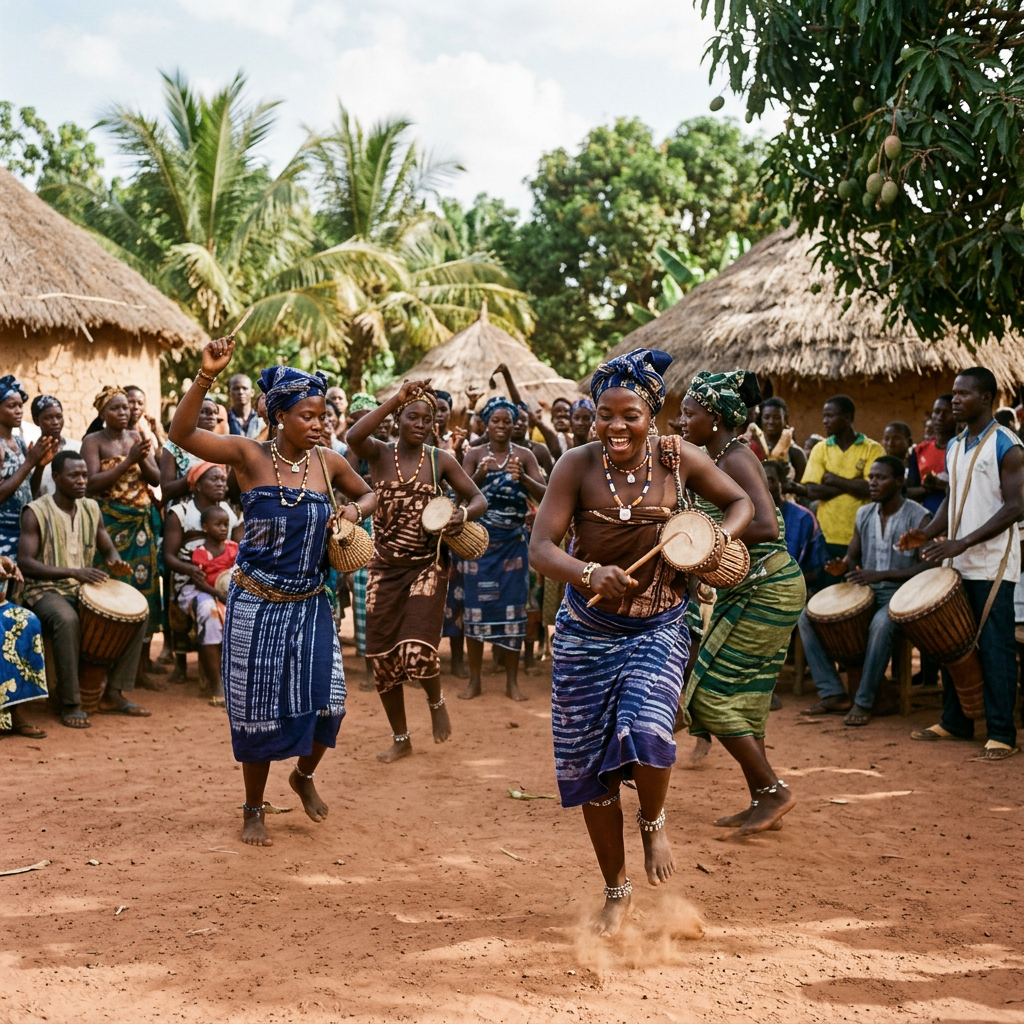 Women dancing and men playing drums during a village celebration