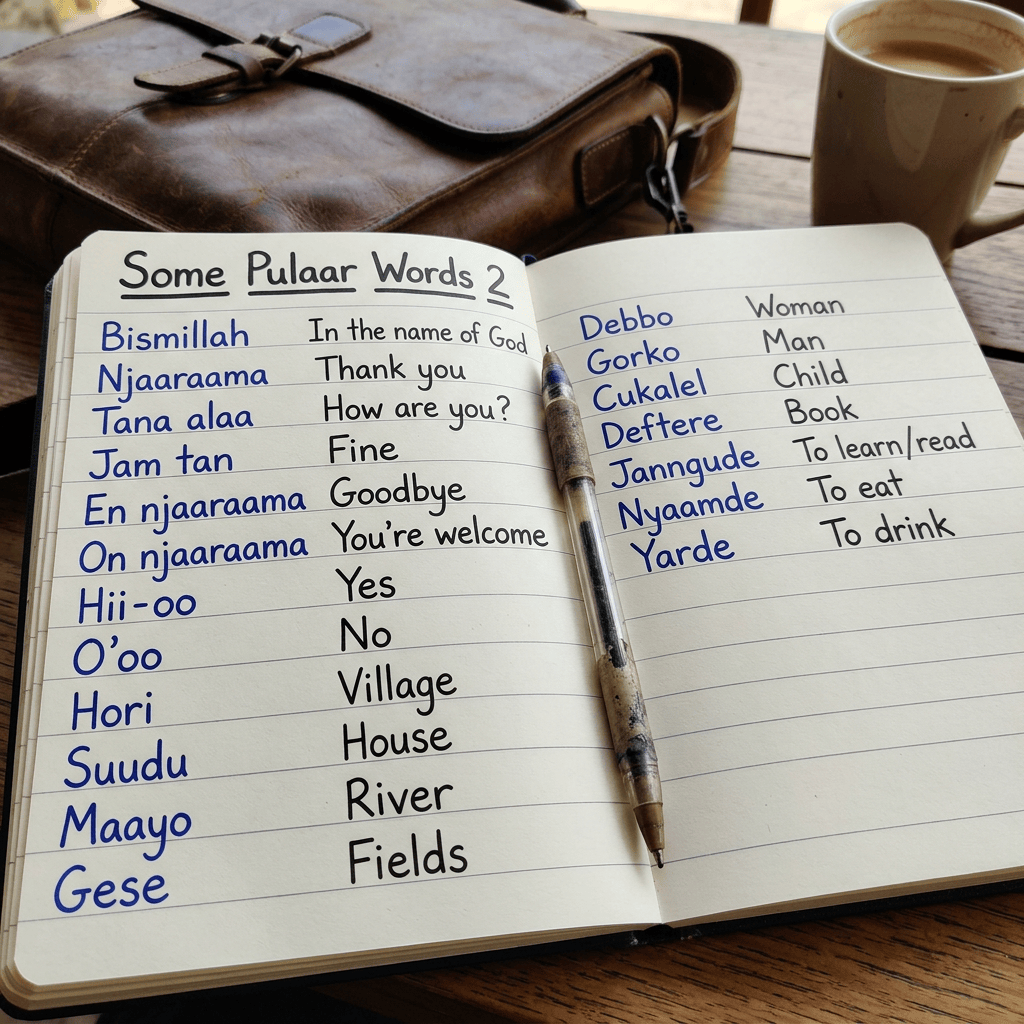 Notebook titled “Some Pulaar Words 2” listing Pulaar-English translations, with a pen, leather bag, and coffee cup.