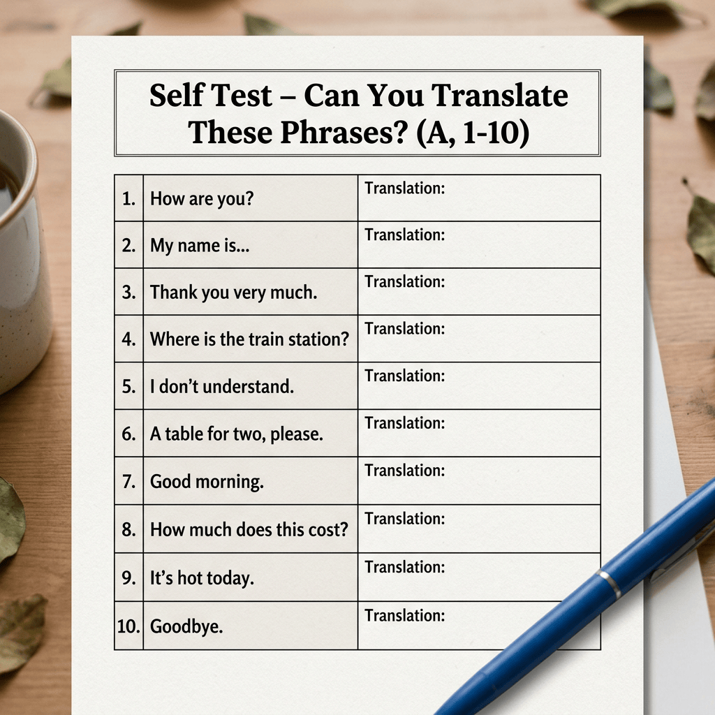 Worksheet titled Self Test with ten English phrases and translation fields