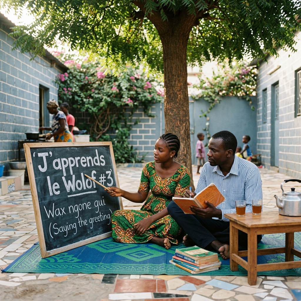 Woman teaching Wolof greetings beside chalkboard while man studies a book