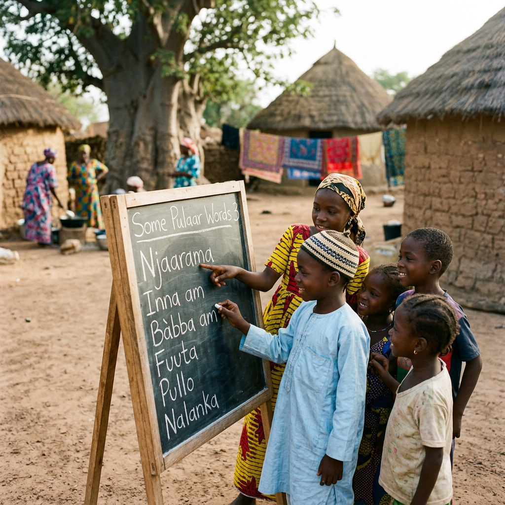 Chalkboard reading “Some Pulaar words 3,” with children learning beside village huts