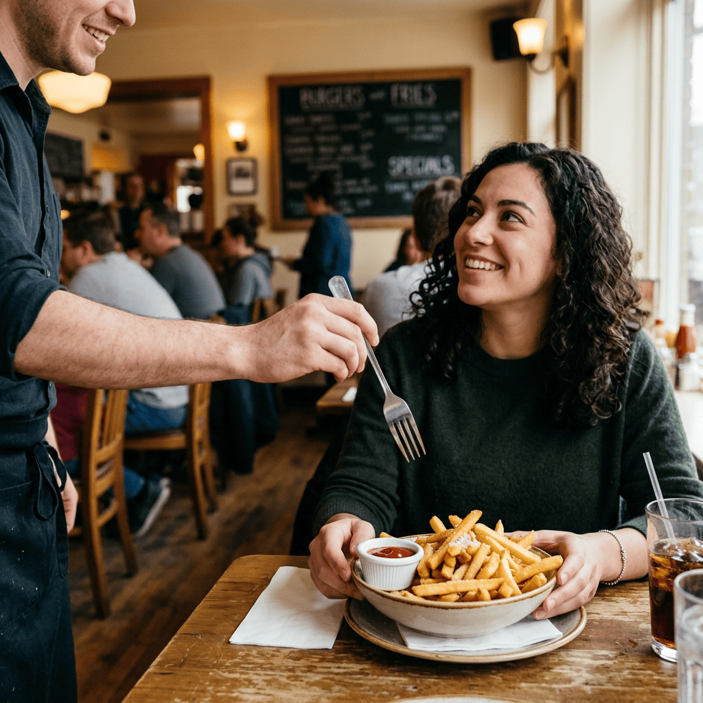 Smiling woman holding fries while a server offers her a forkful